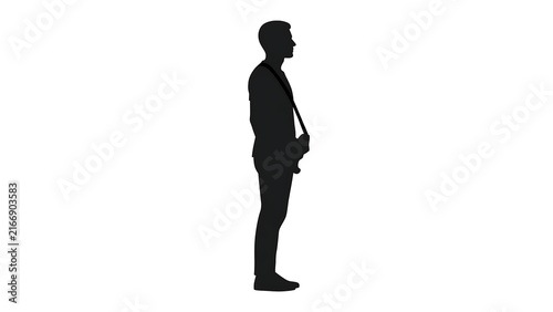 Silhouette of man holding guitar white background.