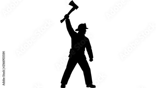 Silhouette of man holding axe white background.