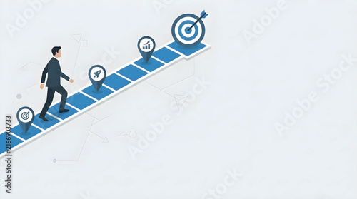 Professional Blue Grid Path with Square steps steps, Walking Businessman Silhouette, Target Goal, Strategic Roadmap Flat Vector, Text Space on Top Left
