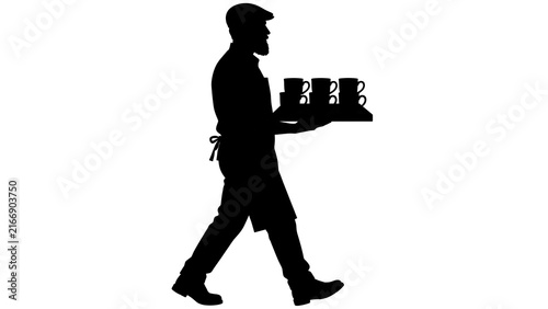Silhouette waiter carrying drinks on tray white background.