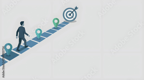 Professional Blue Grid Path with Square steps steps, Walking Businessman Silhouette, Target Goal, Strategic Roadmap Flat Vector, Text Space on Top Left
