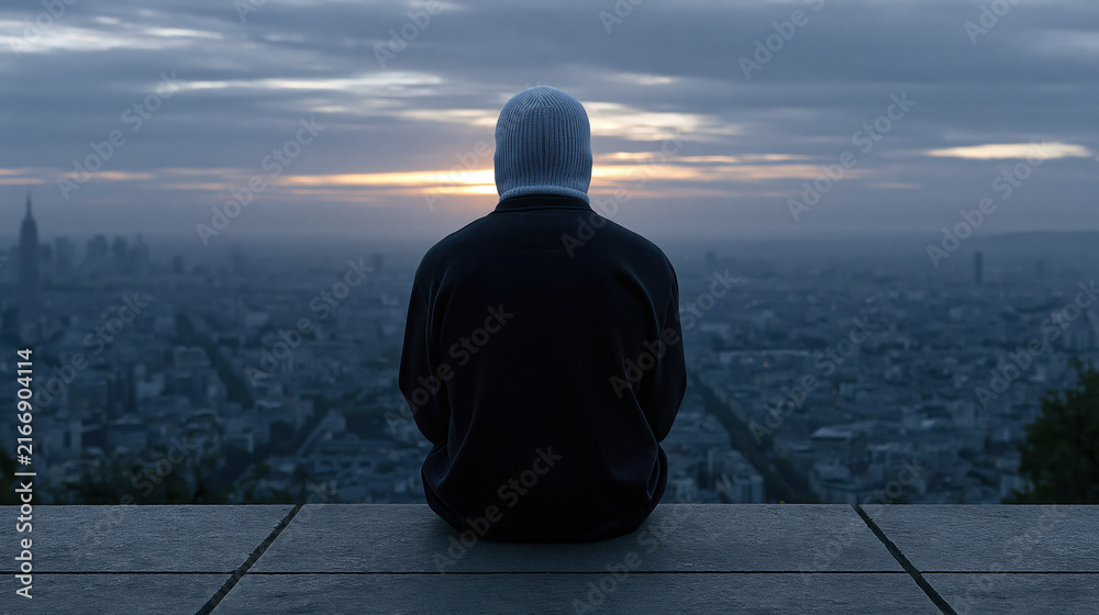 Fototapeta premium Person wearing gray knit hat and black jacket sitting alone above city skyline under moody cloudy sunset, conveying solitude and quiet reflection