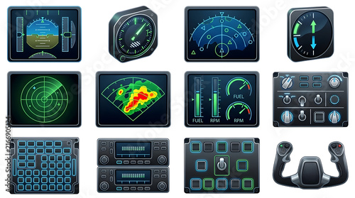 Set of airplane cockpit instruments and navigation panels on transparent background