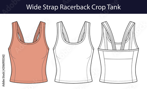 Racerback crop tank top, womens athletic crop top with wide straps, scoop neck and double strap back, activewear vector template, front and back technical fashion illustration