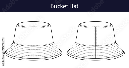 Bucket hat technical fashion flat vector, classic brimmed sun hat vector template, unisex headwear accessory with front and back views, CAD apparel design