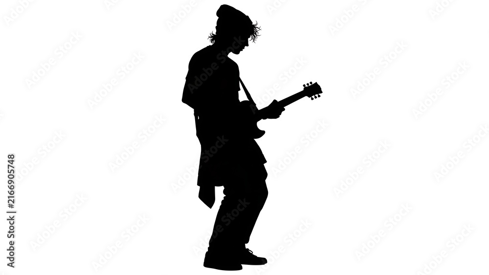 Obraz premium Silhouette of guitarist playing on white background.