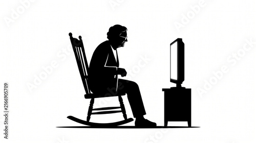 Silhouette of an elderly person sitting in a rocking chair watching television