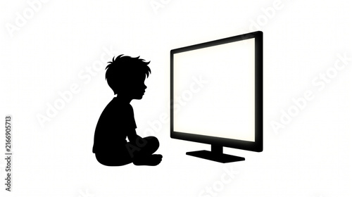 Black silhouette of a young child sitting and watching television.