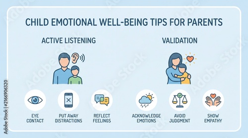Infographic of Child Emotional Well-being Tips for Parents featuring Active Listening and Validation Icons