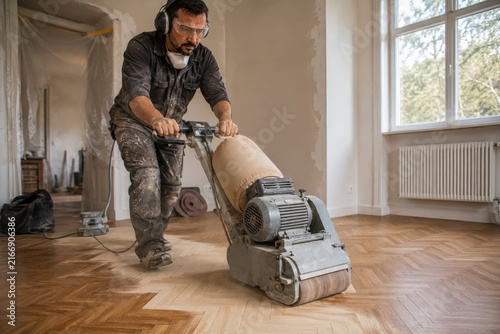 Male floor technician in protective gear operates a floor sander on wooden parquet flooring inside a well-lit room with large windows and renovation materials visible in the background