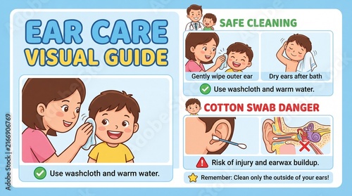 Children Ear Hygiene Visual Guide Infographic with Safe Cleaning Tips and Cotton Swab Warning