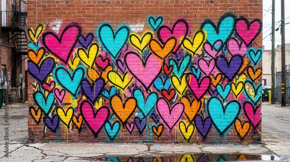 Fototapeta premium Vibrant street art featuring colorful hearts and melted paint effects on a wall.