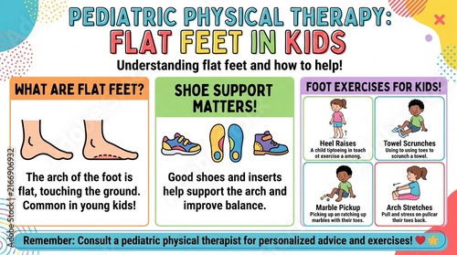 Pediatric Physical Therapy Infographic for Flat Feet in Kids with Exercises and Shoe Support Advice