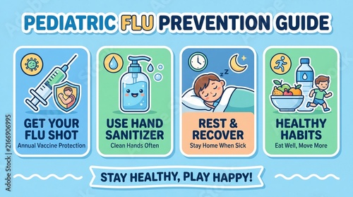 Pediatric Flu Prevention Guide Infographic Featuring Vaccination Hand Sanitizer Rest and Healthy Lifestyle Tips for Children Health Education