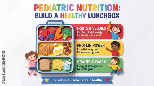 Pediatric Nutrition Infographic with Healthy Lunchbox and Kid Characters in Paper Cut Style