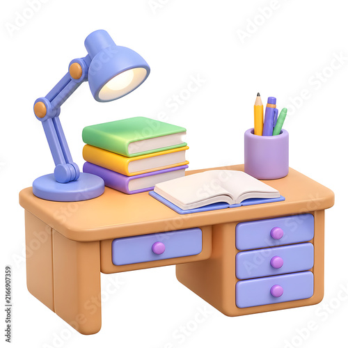 Back to School Season Peak featuring a colorful wooden desk with a lamp and stationery supplies.