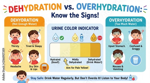 Educational Infographic for Kids: Dehydration vs Overhydration Symptoms and Urine Color Indicator Chart