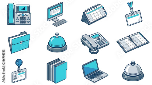 Office and business work tools icon set featuring computers and telephones on transparent background