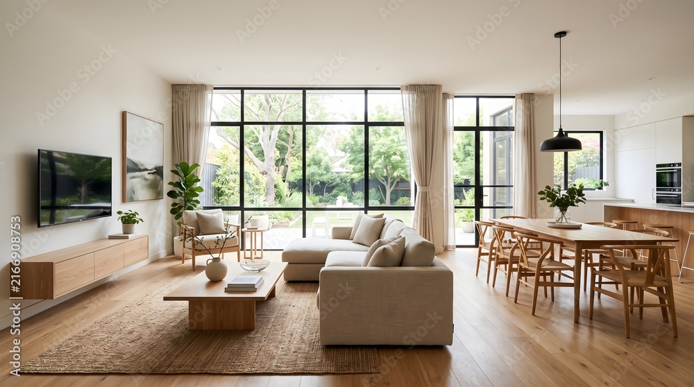Fototapeta premium Modern Open Concept Living Room With Dining Area Interior