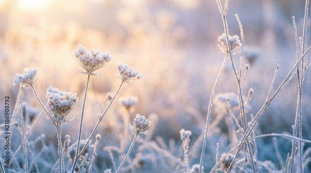 Obraz premium Frozen icy flowers standing in a winter landscape at dawn.