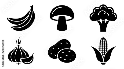 Set of flat black vegetable and fruit icons including banana mushroom broccoli garlic potato and