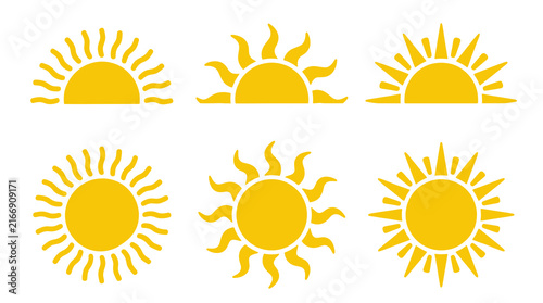 Set of six yellow sun icons with various ray styles for weather forecasting, summer branding