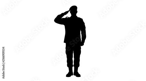 Black silhouette of soldier saluting in military uniform, tribute and remembrance, honor, national