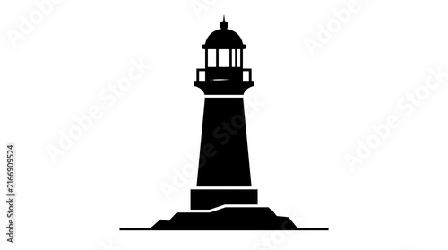 Black silhouette of coastal lighthouse icon, maritime navigation safety beacon, nautical landmark