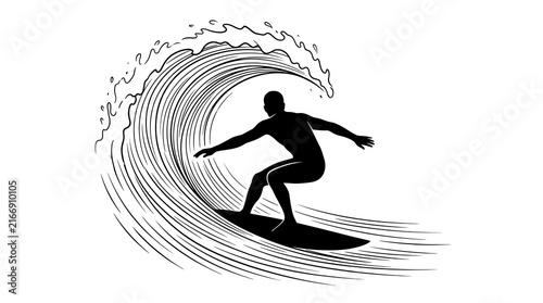 Surfer silhouette riding a crashing ocean wave, vintage engraving style line art illustration for