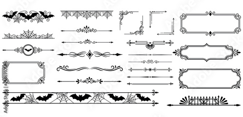 Halloween borders and frames with bats spiders web and corner ornaments for spooky print.
