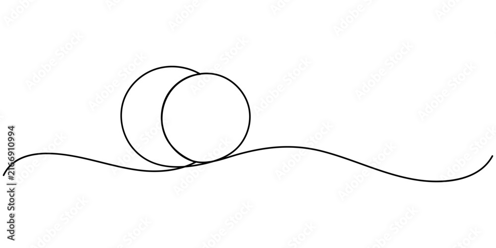 Obraz premium Minimalist continuous single line art drawing of two overlapping circles sitting on a flowing wave shape abstract graphic illustration design element for modern creative projects