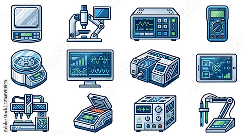 Science laboratory equipment icons set featuring microscope and computer on transparent background