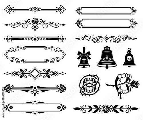 Gothic decorative dividers and borders with rose teeth and bell icons for ornate design.