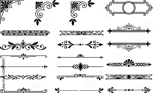Decorative vintage ornament frames and text dividers collection for elegant page design.