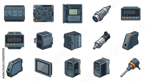 Automation and electrical engineering equipment icons on transparent background