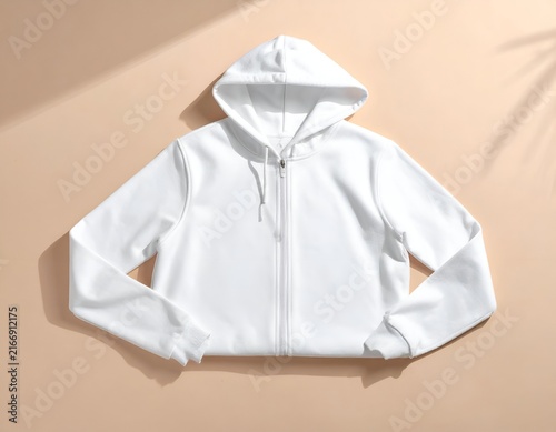 White zip-up hoodie flat lay on beige background.
