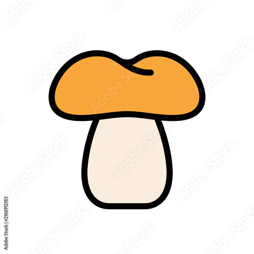Cute mushroom icon vector, flat cartoon fungi illustration with bold outline, orange cap and beige stem, simple logo for stickers apps UI