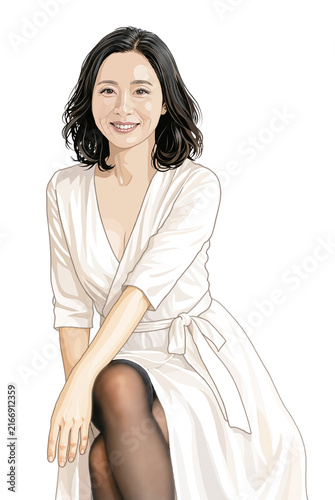 脚を組んで座る五十代大人の女性イラスト