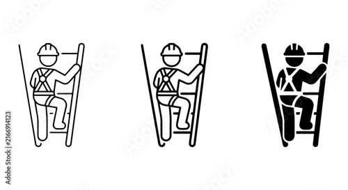 Construction Worker Climbing Ladder Safety Harness Icon Set, Industrial Safety Gear Vector Graphics, Occupational Hazard Prevention Symbols