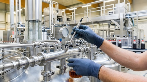 Industrial Worker Sampling Amber Liquid with Probe from Stainless Steel Machinery