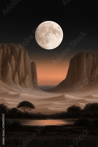 Moonlit Desert Canyon, Full Moon Desert Landscape over dramatic canyon cliffs, Full Moon Desert Landscape at night, Full Moon Desert Landscape with surreal arid scenery, Mystical Arid Wilderness