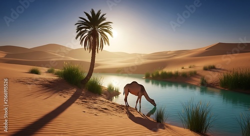 Dromedary camel drinking from desert oasis at sunset with landscape, dromedary