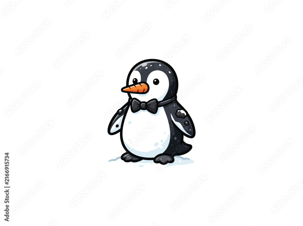 Obraz premium An Adorable Cartoon Penguin With An Orange Carrot Nose And Black Bow Tie, Standing On A Small Ice Patch, Perfect For Winter And Holiday Designs, Vector Illustration
