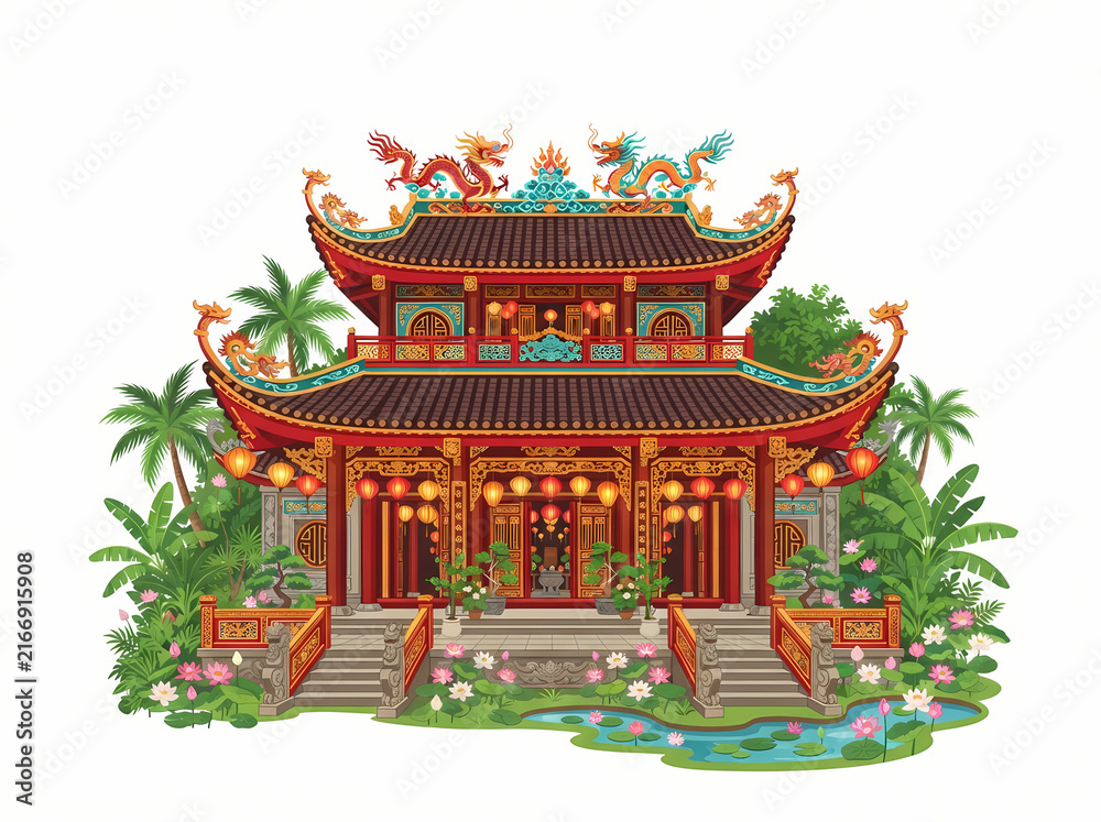 Obraz premium Ornate traditional Chinese temple building with decorative roof dragons and glowing lanterns.