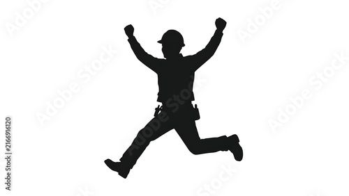 Silhouette of jumping person with arms raised white background.