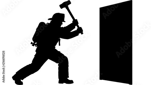 Silhouette of man breaking wall with hammer white background.