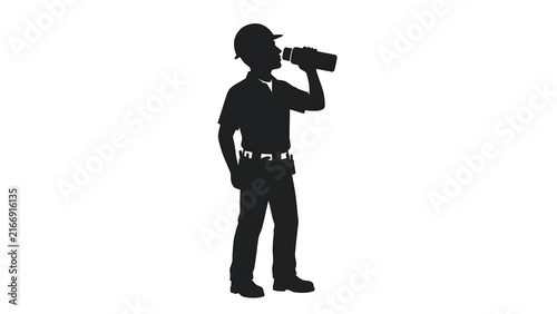 Silhouette of man drinking from bottle white background.