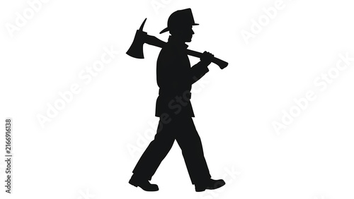 Silhouette of man carrying axe white background.
