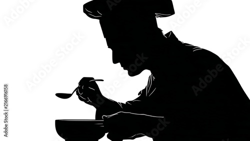 Silhouette of man eating soup white background.