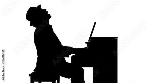 Silhouette of man playing piano on white background.